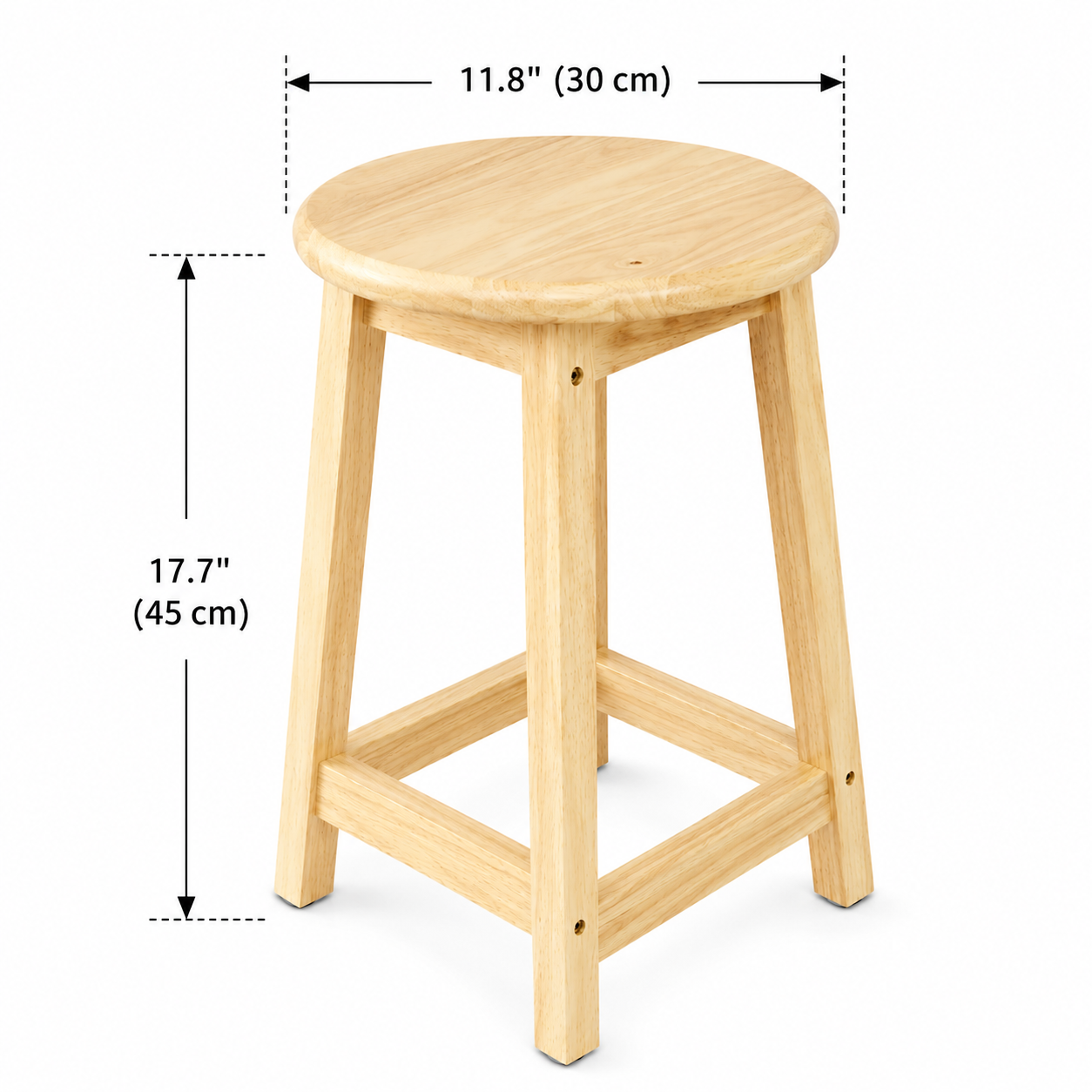 Round Rubberwood Stool Chair, 17.7" Height (45 cm) x 11.8" Seat Diameter (30 cm), Dining, Living Room, Restaurant, Café & Counter Seating, Supports 265 lbs (120 kg)