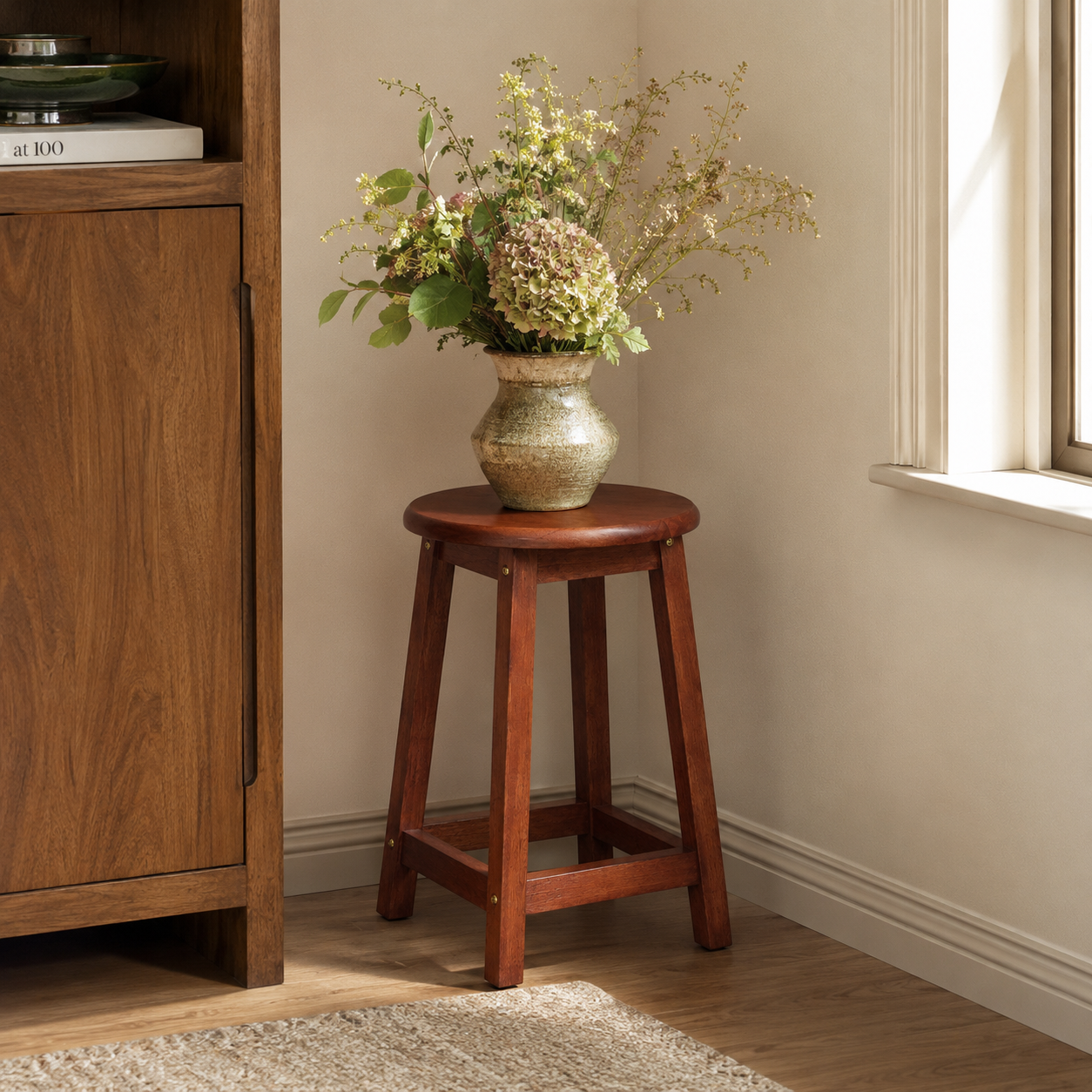 Round Rubberwood Stool Chair, 17.7" Height (45 cm) x 11.8" Seat Diameter (30 cm), Dining, Living Room, Restaurant, Café & Counter Seating, Supports 265 lbs (120 kg)