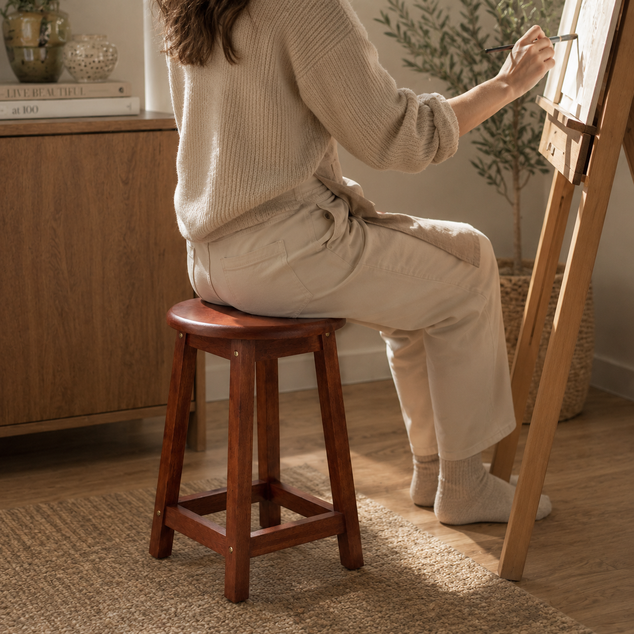 Round Rubberwood Stool Chair, 17.7" Height (45 cm) x 11.8" Seat Diameter (30 cm), Dining, Living Room, Restaurant, Café & Counter Seating, Supports 265 lbs (120 kg)