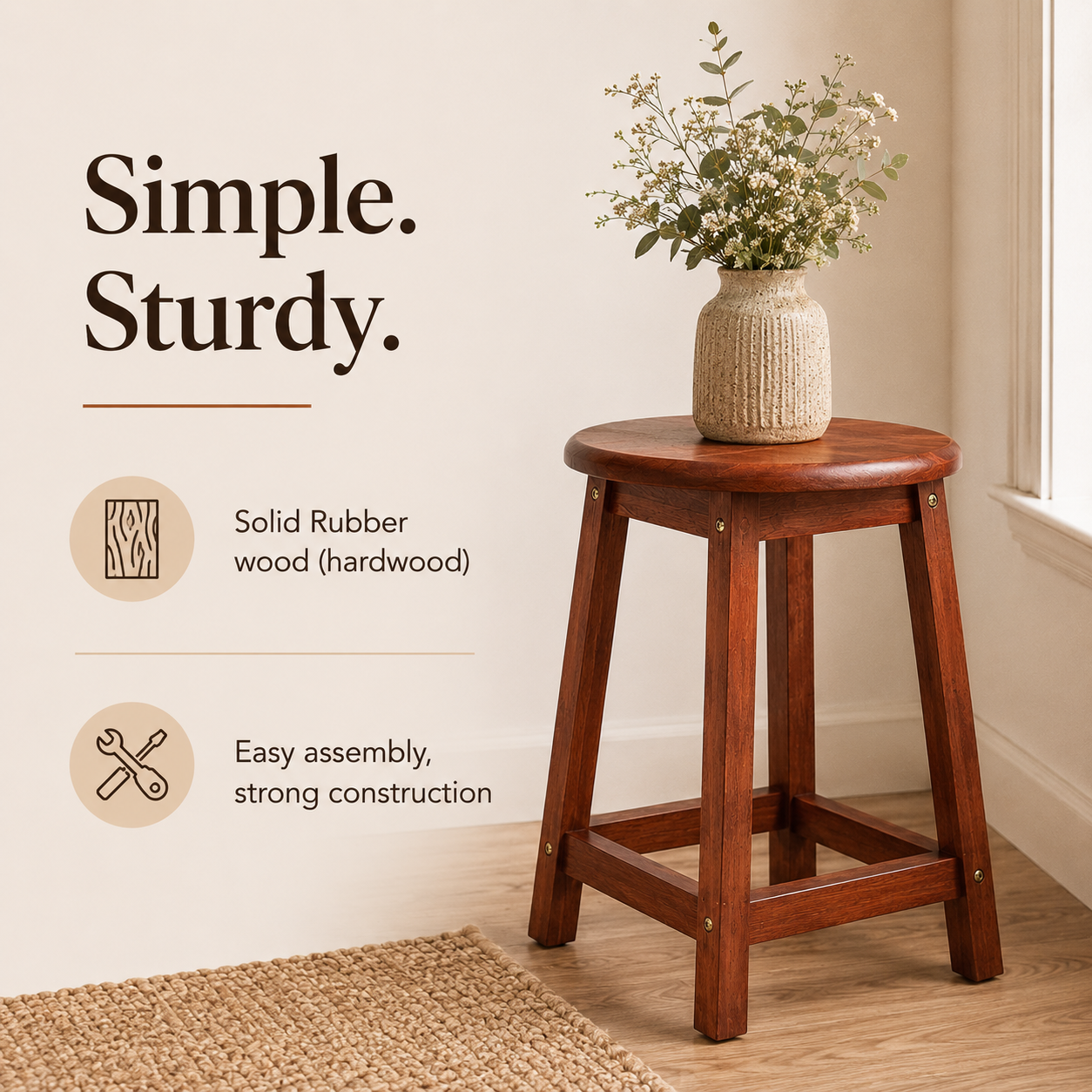 Round Rubberwood Stool Chair, 17.7" Height (45 cm) x 11.8" Seat Diameter (30 cm), Dining, Living Room, Restaurant, Café & Counter Seating, Supports 265 lbs (120 kg)