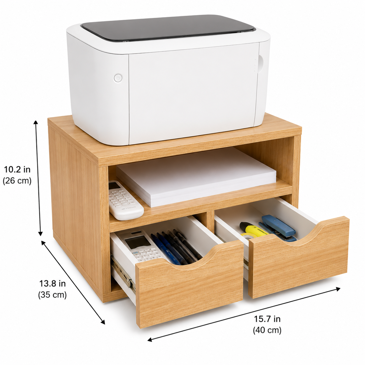 Preassembled Office Organizer with Drawers, Printer Stand, Compact Desktop Storage for Home Office, Space-Saving Shelf for Supplies & Printers, 15.7 x 13.8 x 10.2 in (40 x 35 x 26 cm)