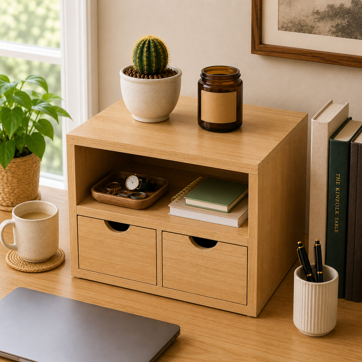 Preassembled Office Organizer with Drawers, Printer Stand, Compact Desktop Storage for Home Office, Space-Saving Shelf for Supplies & Printers, 15.7 x 13.8 x 10.2 in (40 x 35 x 26 cm)