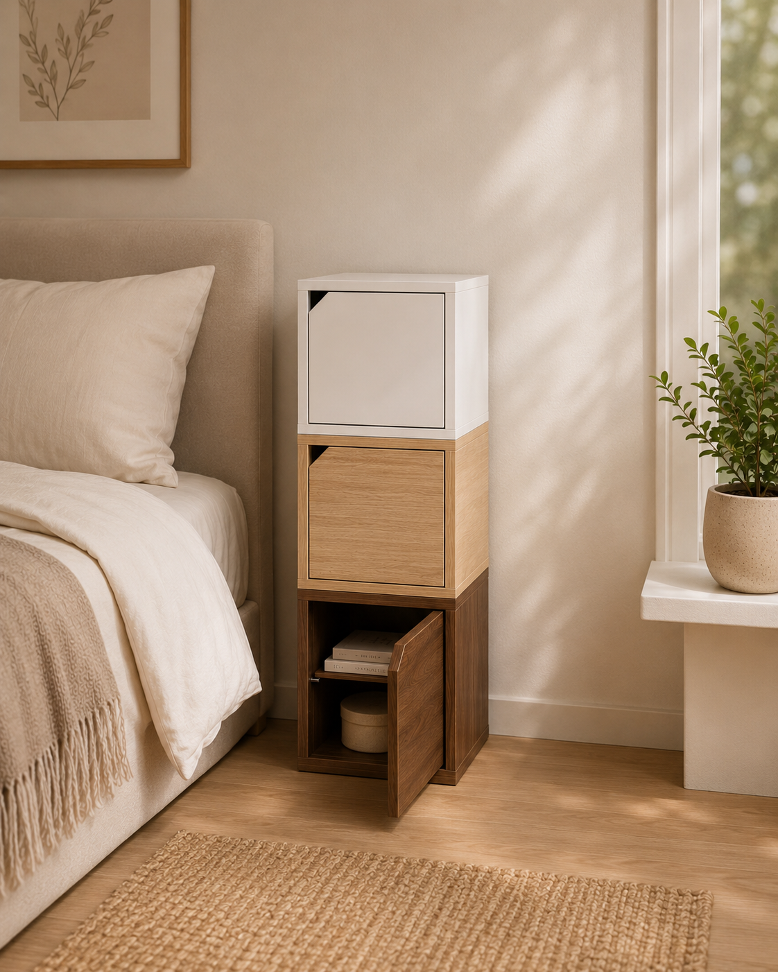 Modular Storage Cube with Door, 11.8" x 11.8" [30 x 30 x 30cm] Multipurpose Wooden Bookshelf and Closet Organizer, Stackable Shelving Unit with Optional Removable Interior Shelf