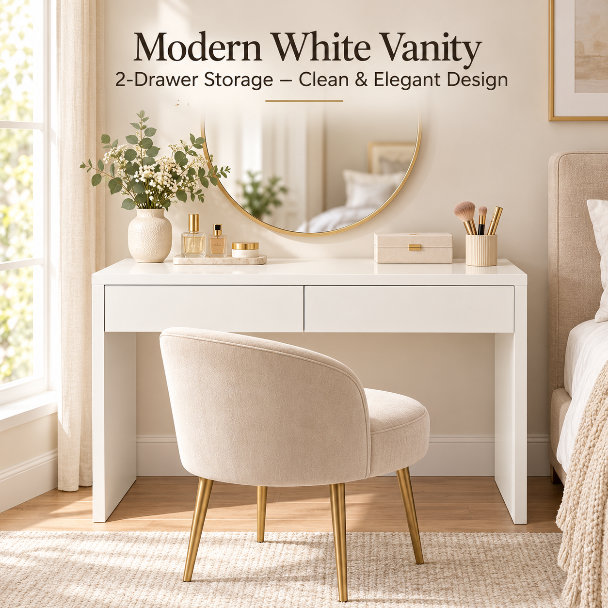 White Makeup Vanity Table – Modern MDF Dressing Desk with 2 Drawers