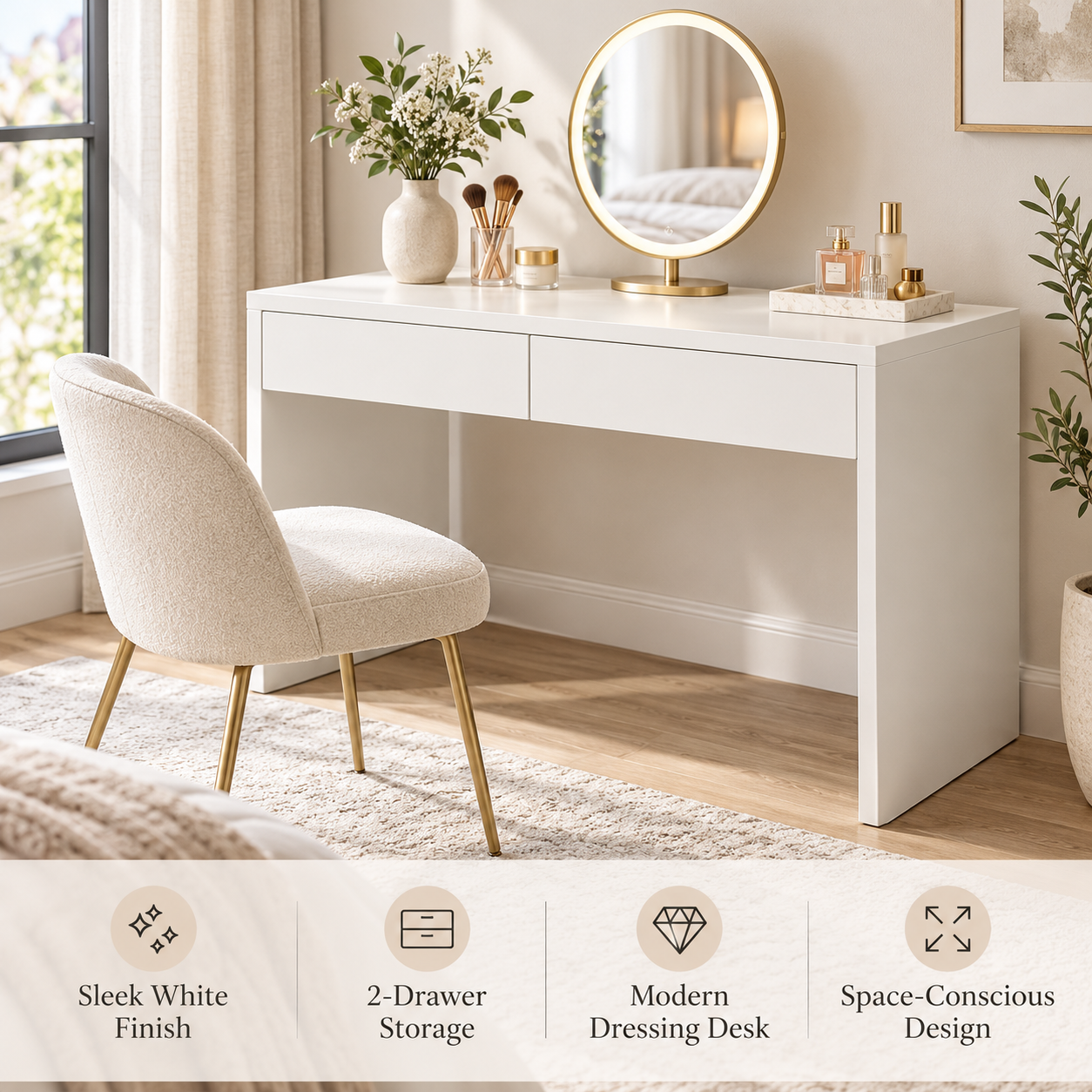 White Makeup Vanity Table – Modern MDF Dressing Desk with 2 Drawers