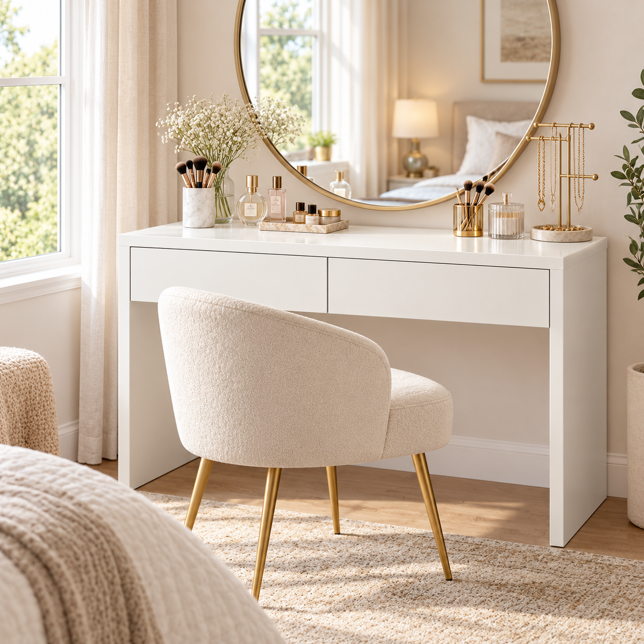 White Makeup Vanity Table – Modern MDF Dressing Desk with 2 Drawers