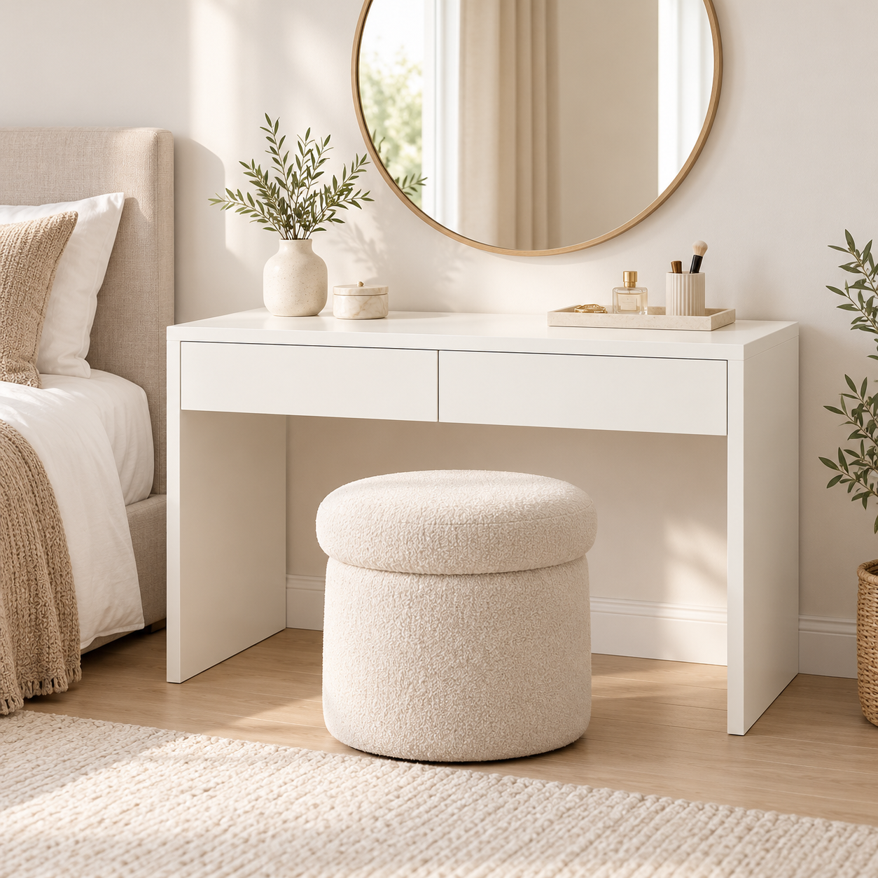 White Makeup Vanity Table – Modern MDF Dressing Desk with 2 Drawers