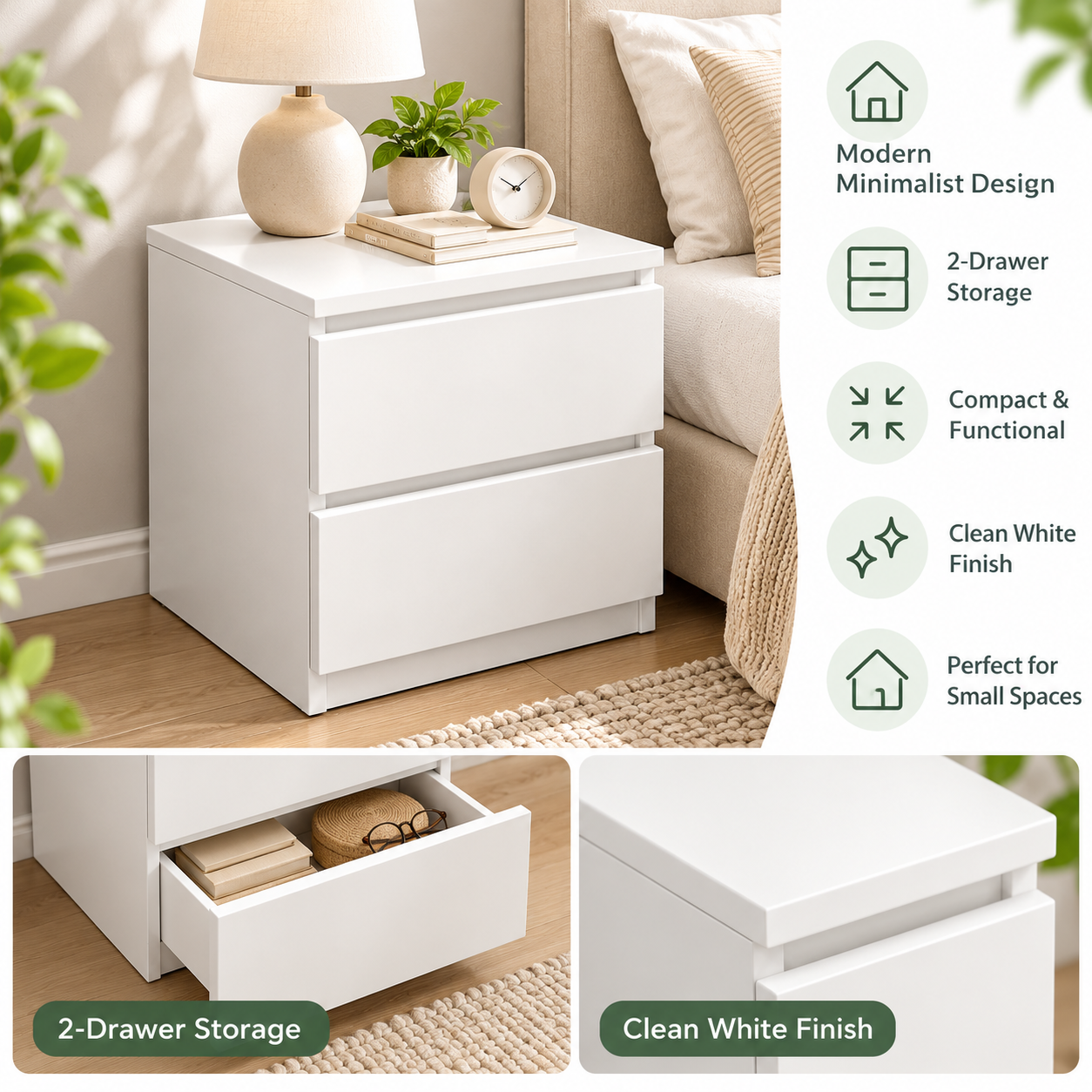 Modern White Mini Nightstand – Compact 2/3-Drawer Bedside Table for Bedroom