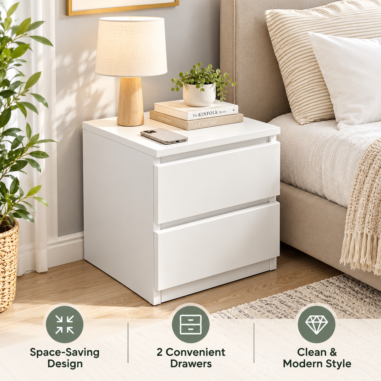 Modern White Mini Nightstand – Compact 2/3-Drawer Bedside Table for Bedroom
