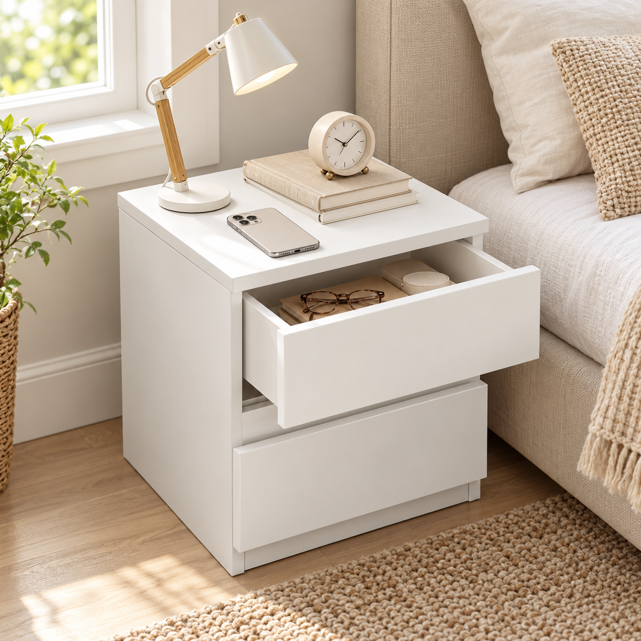 Modern White Mini Nightstand – Compact 2/3-Drawer Bedside Table for Bedroom