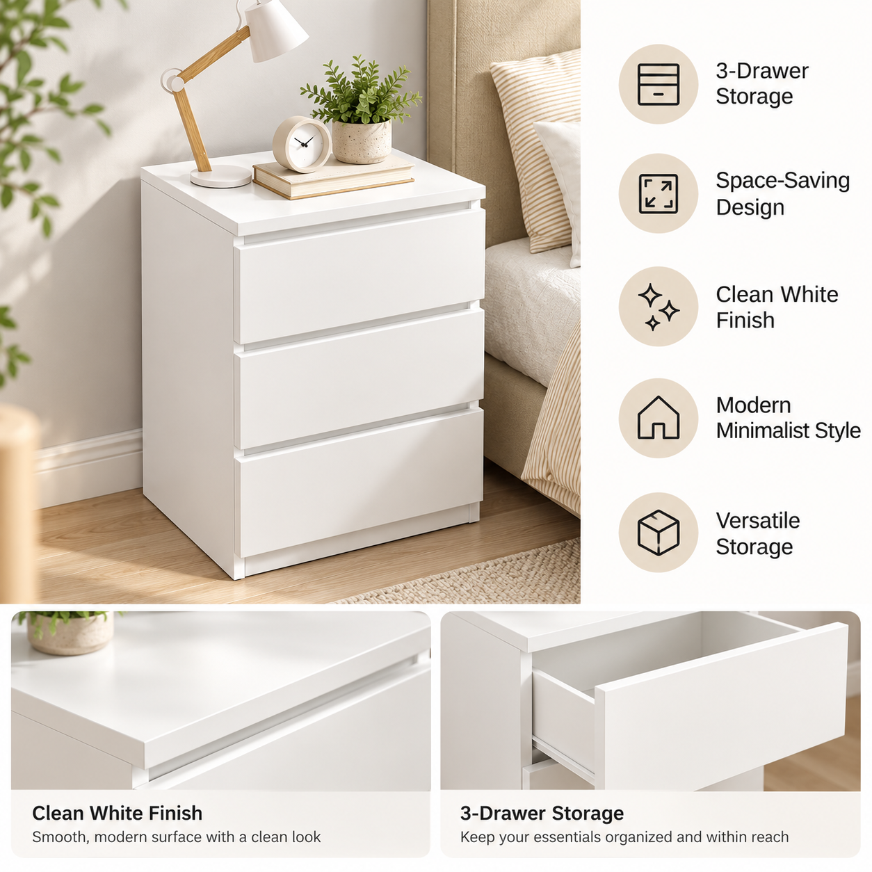 Modern White Mini Nightstand – Compact 2/3-Drawer Bedside Table for Bedroom