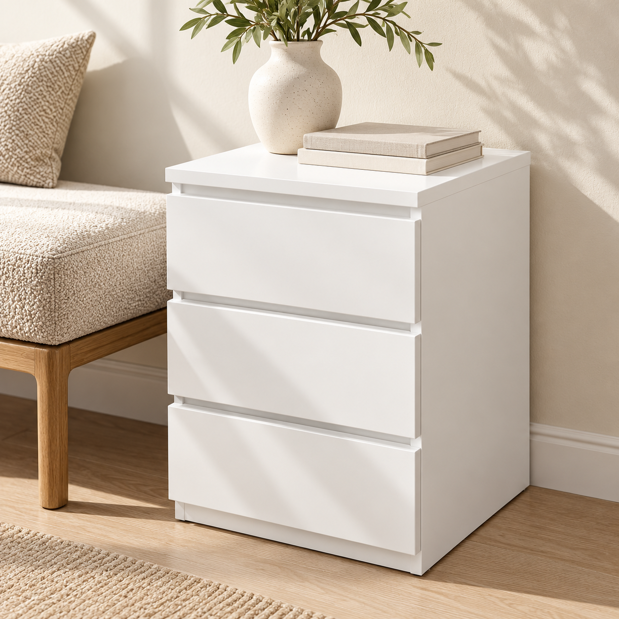 Modern White Mini Nightstand – Compact 2/3-Drawer Bedside Table for Bedroom