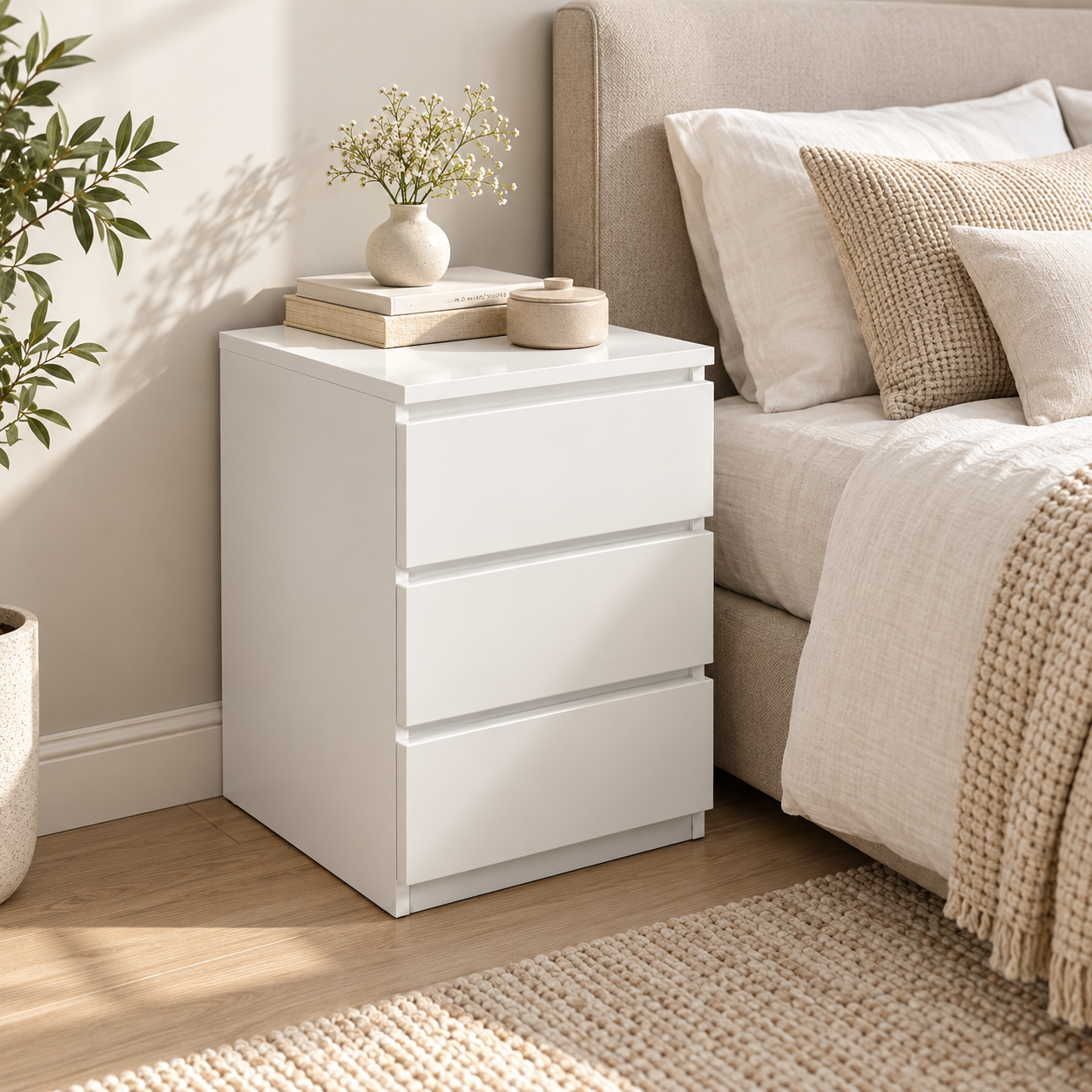 Modern White Mini Nightstand – Compact 2/3-Drawer Bedside Table for Bedroom