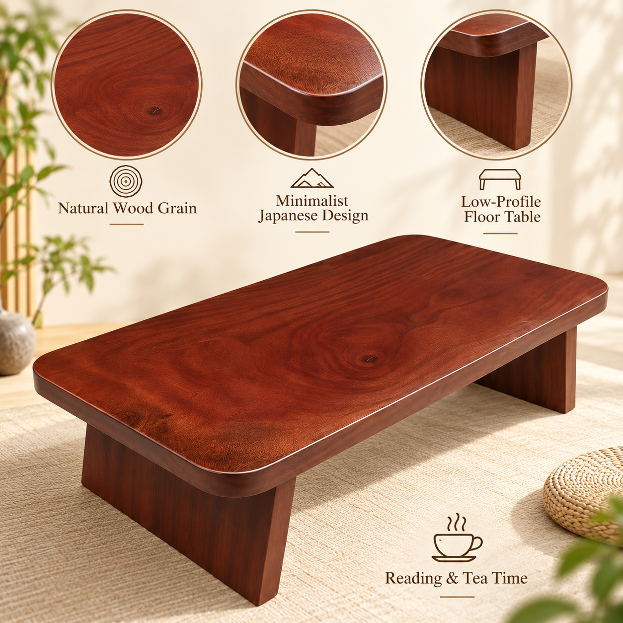 Japanese Zen Solid Wood Low Tea Table – Mini Floor Sitting Reading Desk