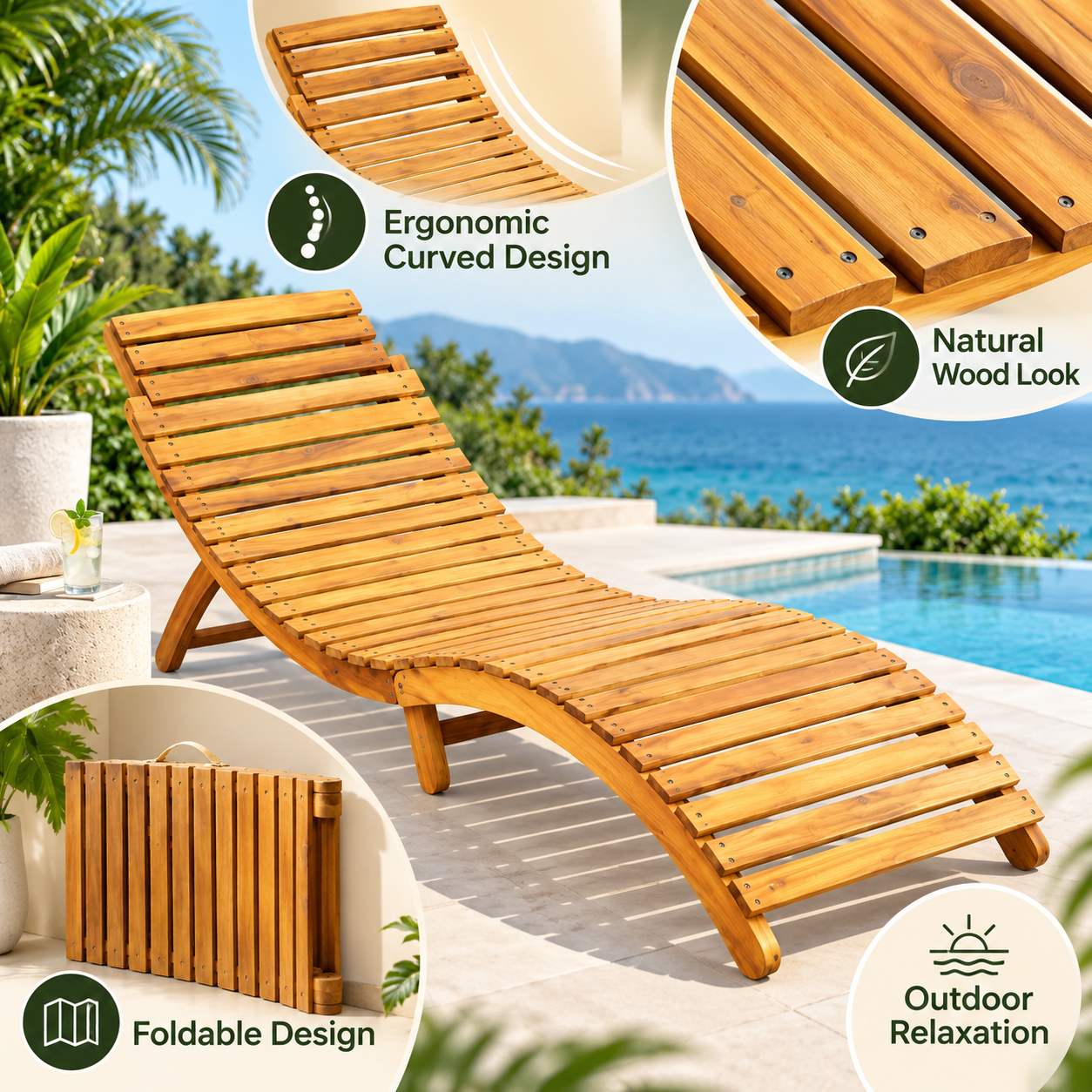 Sumba Wooden Curved Sun Lounger with Brown Cushion – Outdoor Chaise
