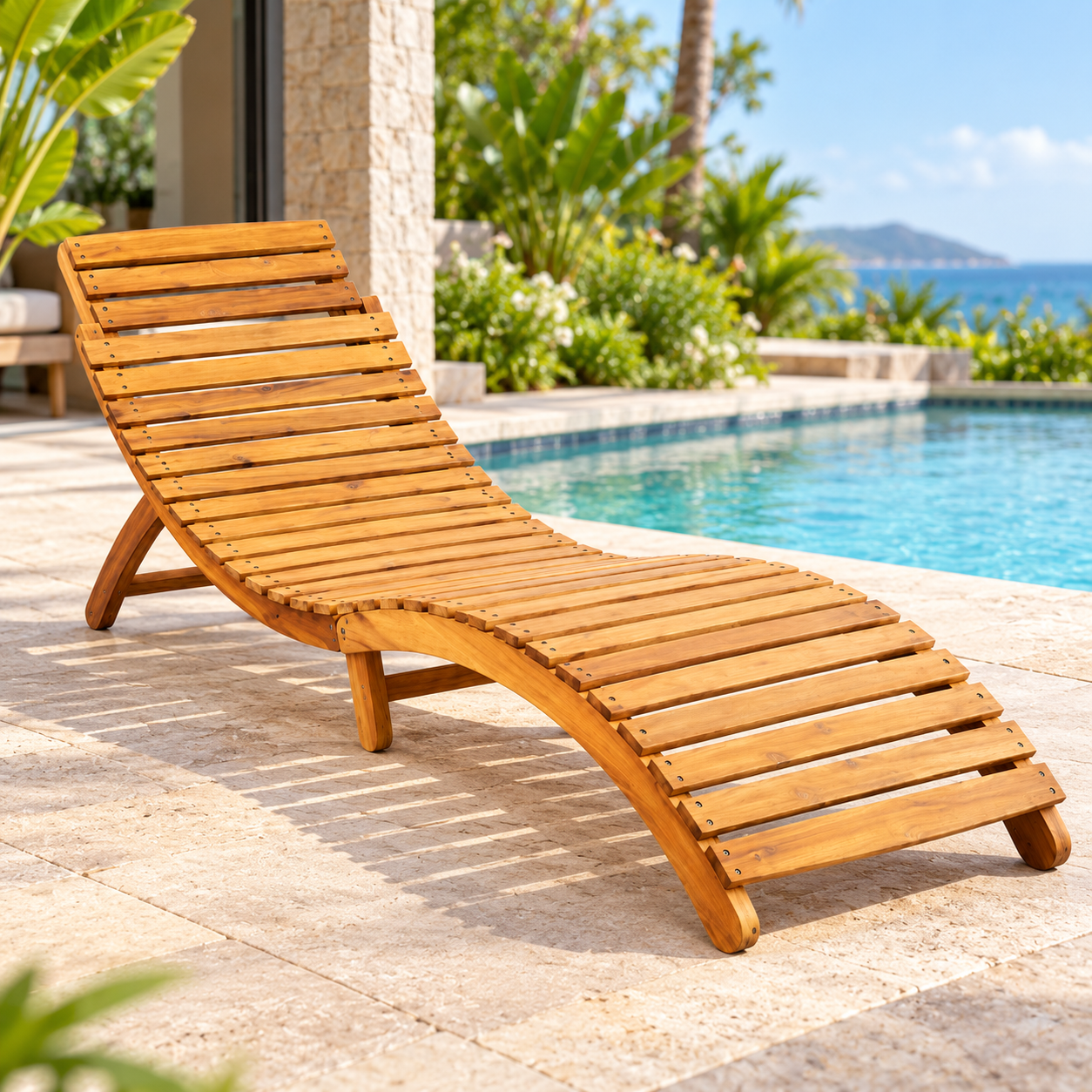 Sumba Wooden Curved Sun Lounger with Brown Cushion – Outdoor Chaise