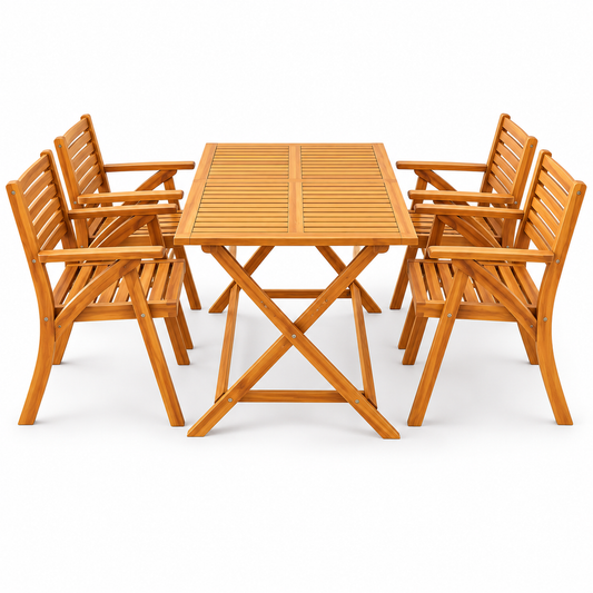 Borneo 5-Piece Acacia Wood Patio Dining Set – Folding Table with 4 Armchairs