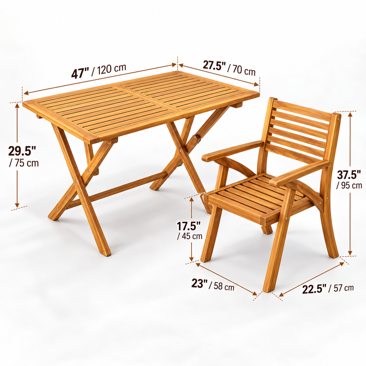 Borneo 5-Piece Acacia Wood Patio Dining Set – Folding Table with 4 Armchairs