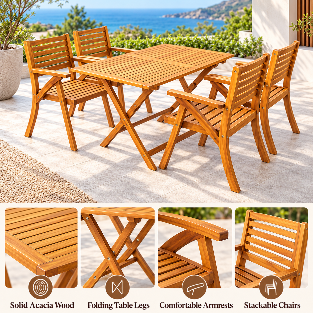 Borneo 5-Piece Acacia Wood Patio Dining Set – Folding Table with 4 Armchairs
