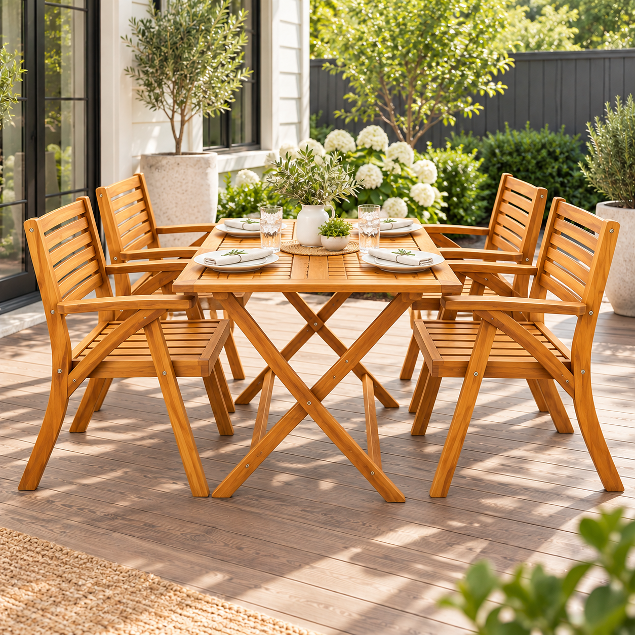 Borneo 5-Piece Acacia Wood Patio Dining Set – Folding Table with 4 Armchairs