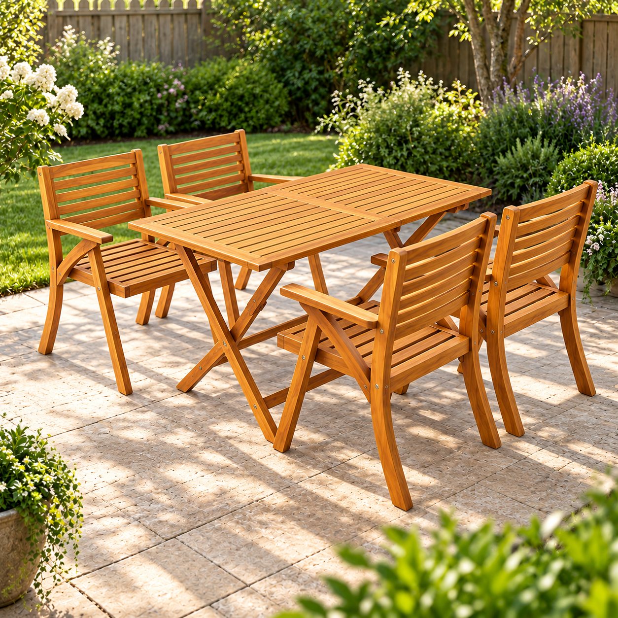 Borneo 5-Piece Acacia Wood Patio Dining Set – Folding Table with 4 Armchairs