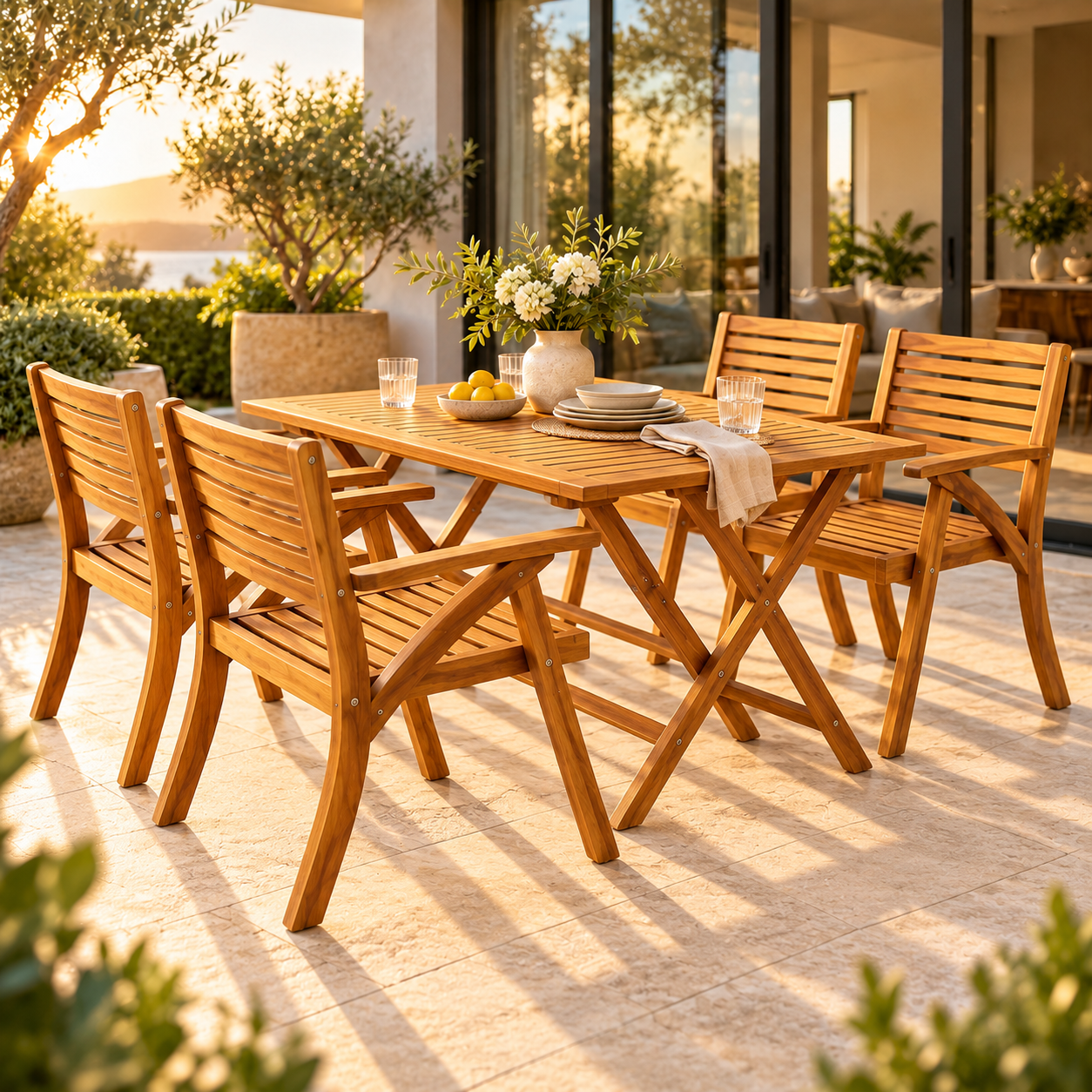 Borneo 5-Piece Acacia Wood Patio Dining Set – Folding Table with 4 Armchairs