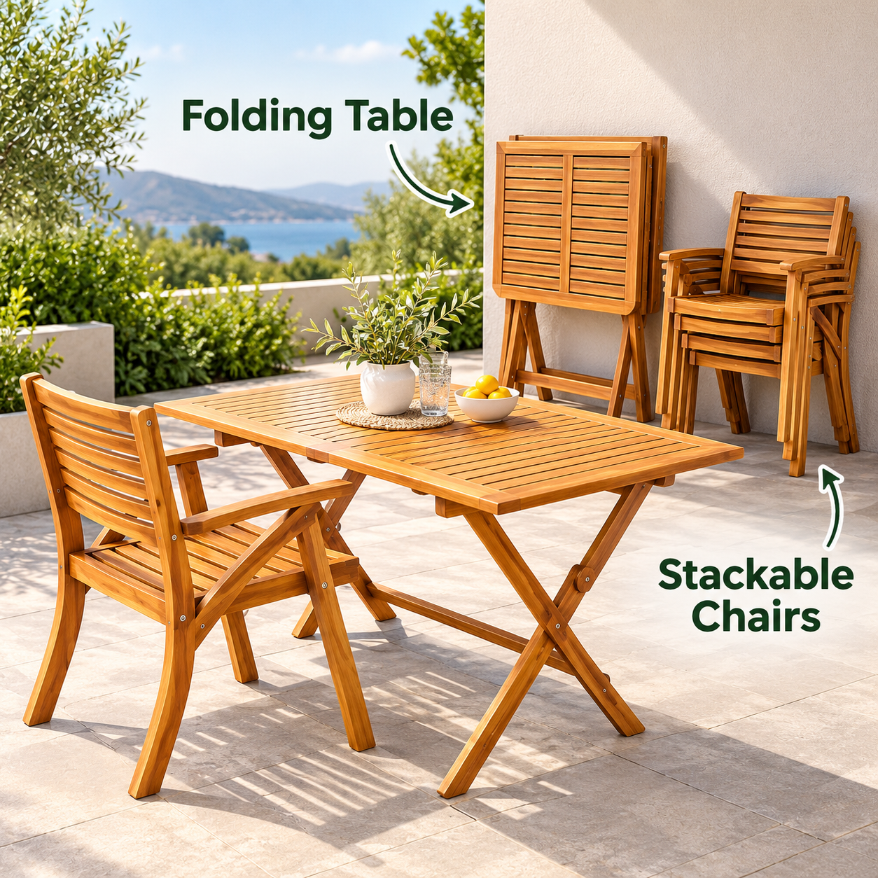 Borneo 5-Piece Acacia Wood Patio Dining Set – Folding Table with 4 Armchairs