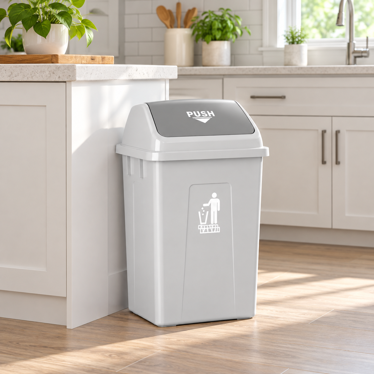 Square Swing Top Trash Can – Heavy-Duty Kitchen Garbage Can with Self-Balancing Lid – Commercial Plastic Waste Basket for Office & Home