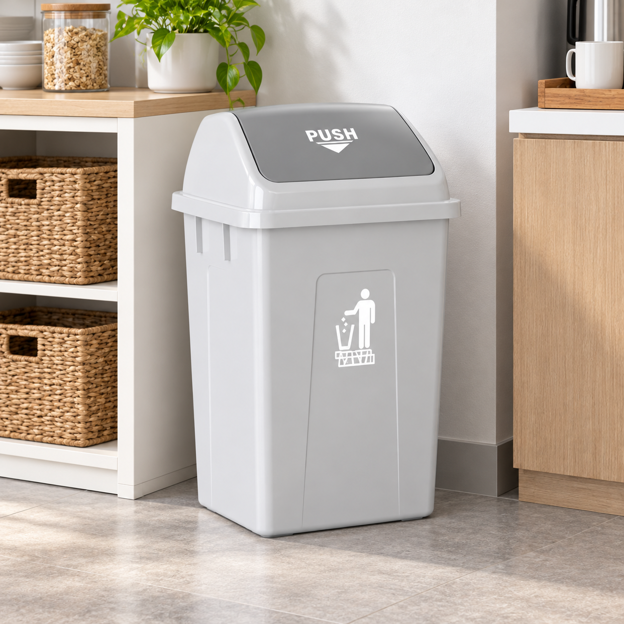 Square Swing Top Trash Can – Heavy-Duty Kitchen Garbage Can with Self-Balancing Lid – Commercial Plastic Waste Basket for Office & Home