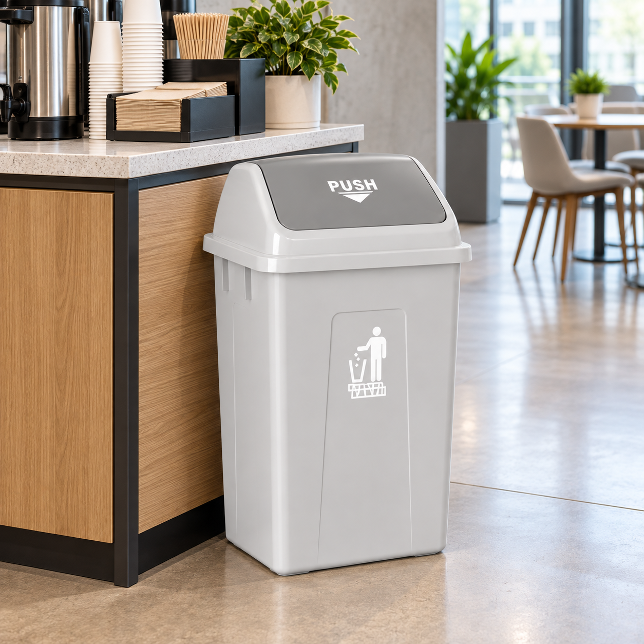 Square Swing Top Trash Can – Heavy-Duty Kitchen Garbage Can with Self-Balancing Lid – Commercial Plastic Waste Basket for Office & Home