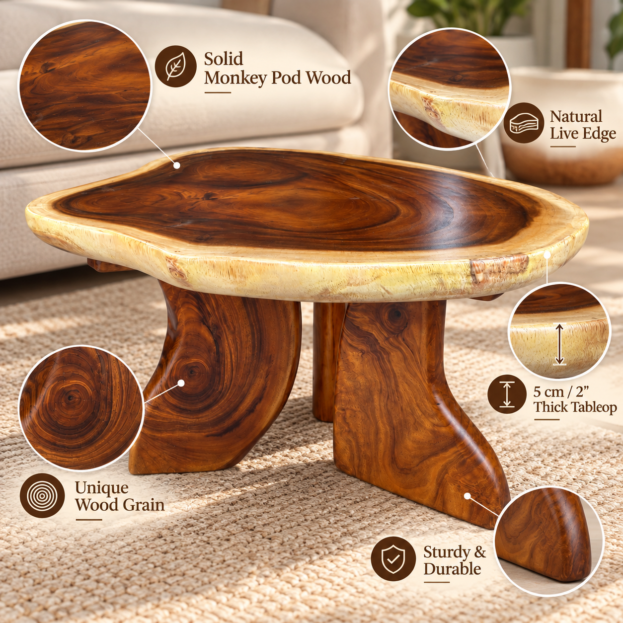 31.5" Live Edge Monkey Pod Low Coffee Table – Solid Wood Accent Table