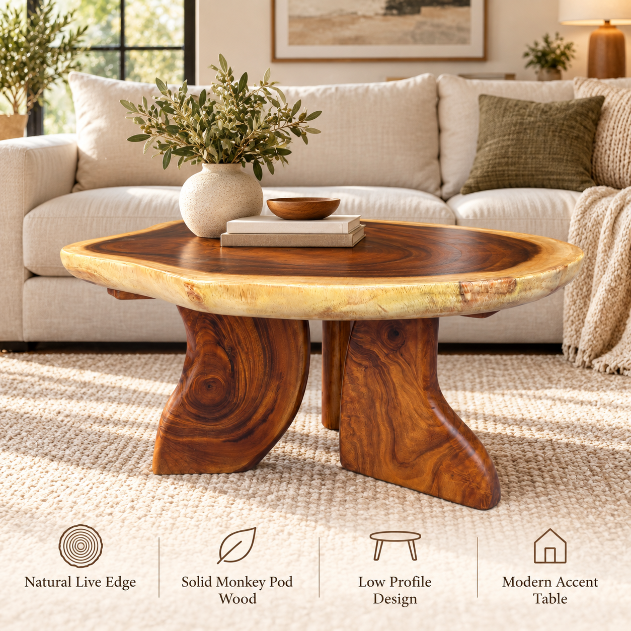 31.5" Live Edge Monkey Pod Low Coffee Table – Solid Wood Accent Table