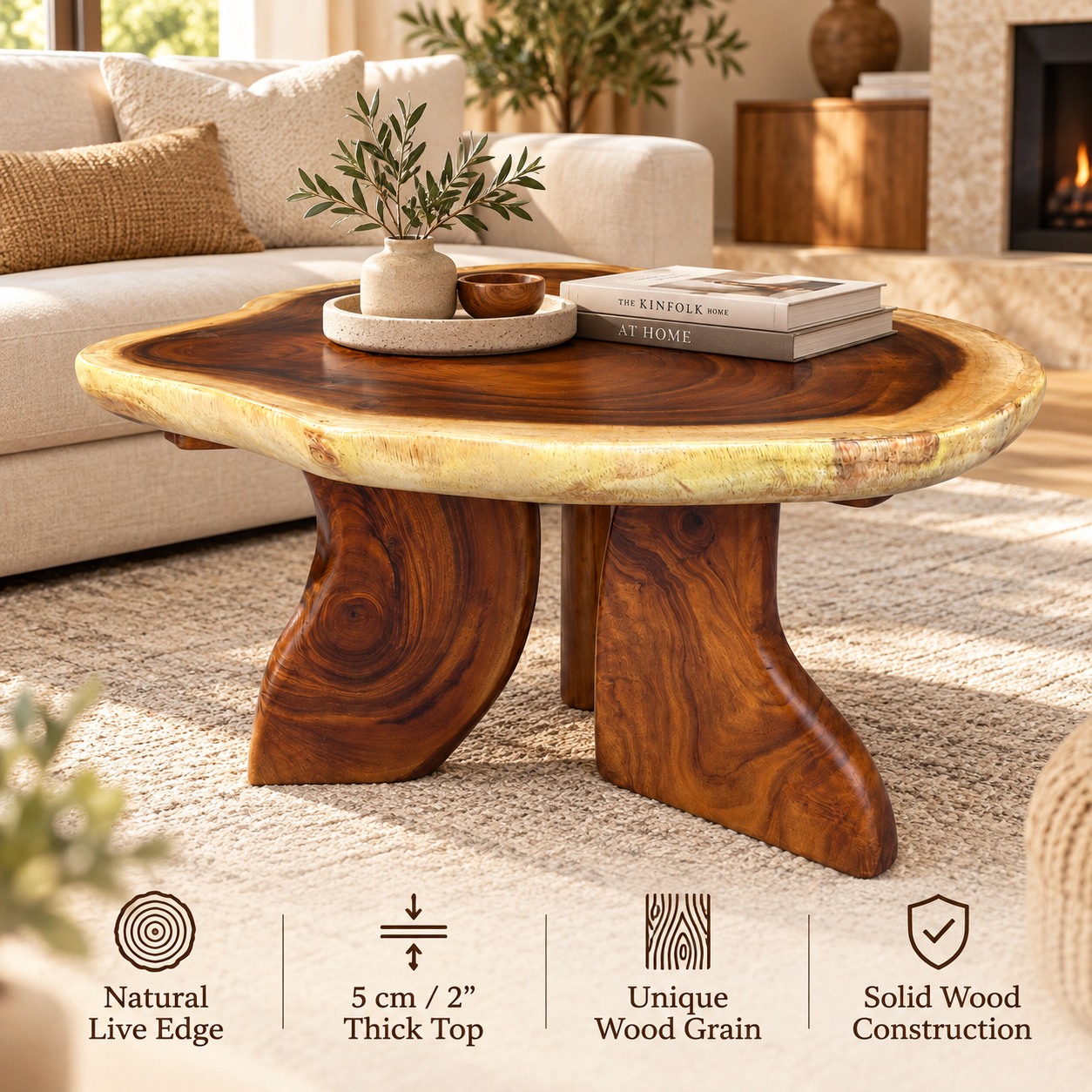 31.5" Live Edge Monkey Pod Low Coffee Table – Solid Wood Accent Table
