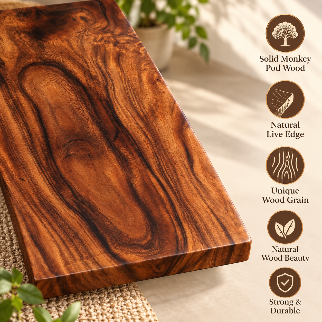 Rectangle Monkey Pod Wood Table Top – Solid Natural Suar Slab Board