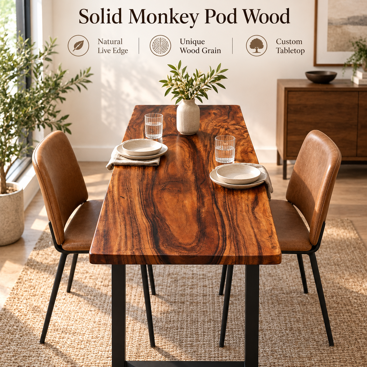 Rectangle Monkey Pod Wood Table Top – Solid Natural Suar Slab Board