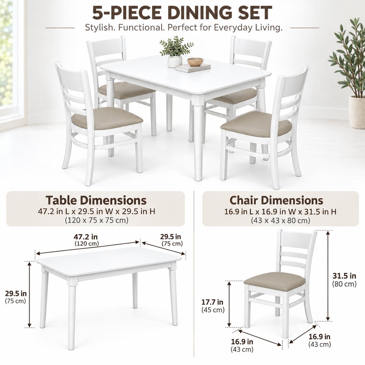 White 5-Piece Wood Dining Set – Mango Table with 4 Chairs for Small Space