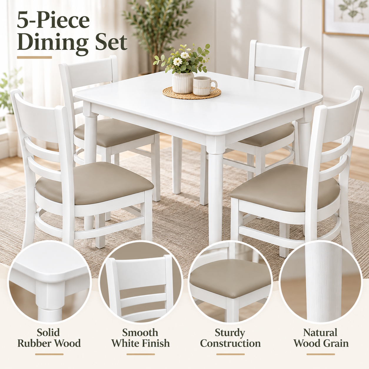 White 5-Piece Wood Dining Set – Mango Table with 4 Chairs for Small Space
