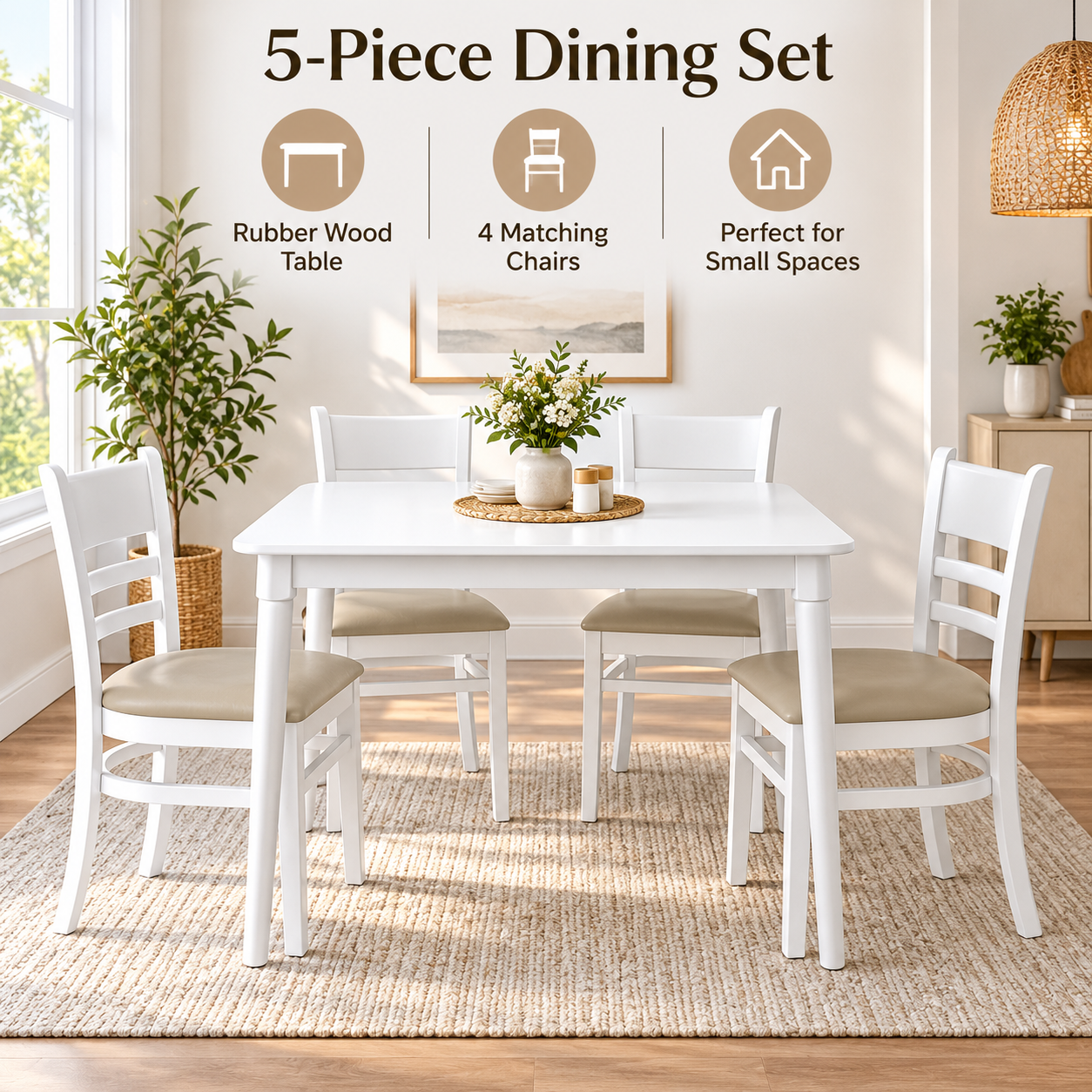 White 5-Piece Wood Dining Set – Mango Table with 4 Chairs for Small Space