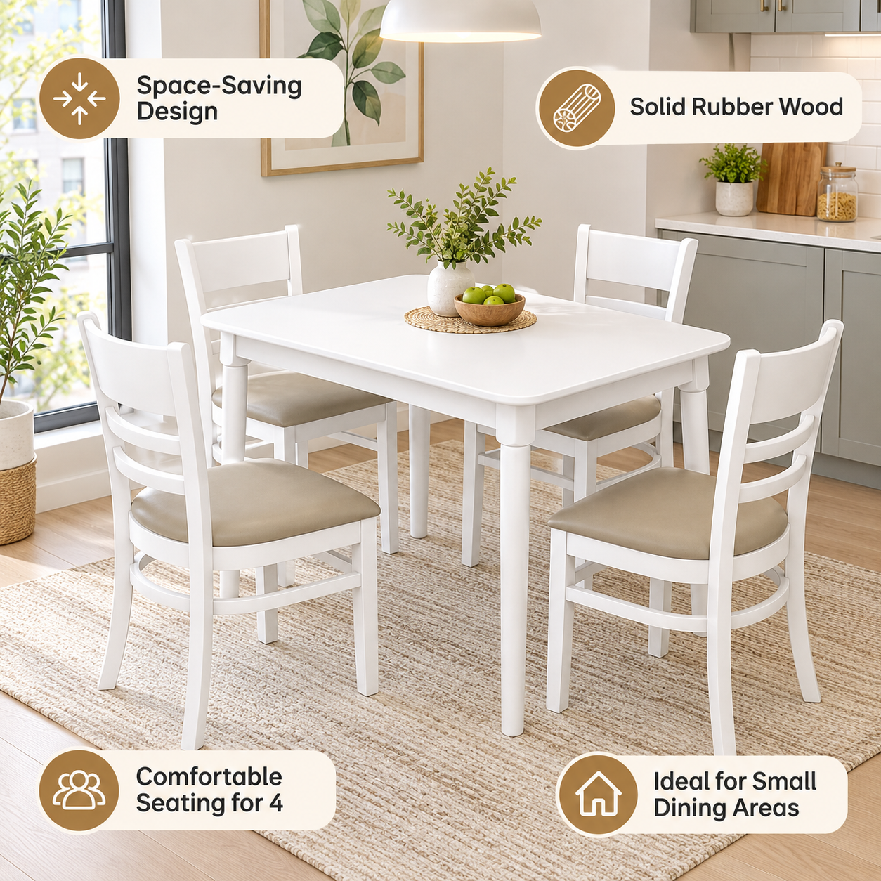 White 5-Piece Wood Dining Set – Mango Table with 4 Chairs for Small Space