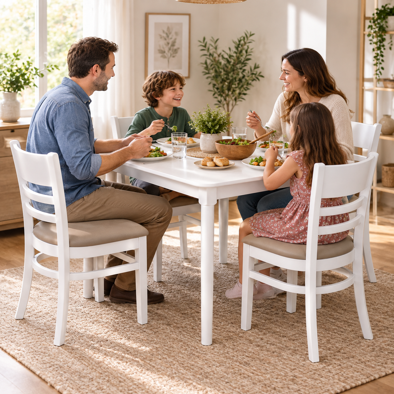 White 5-Piece Wood Dining Set – Mango Table with 4 Chairs for Small Space