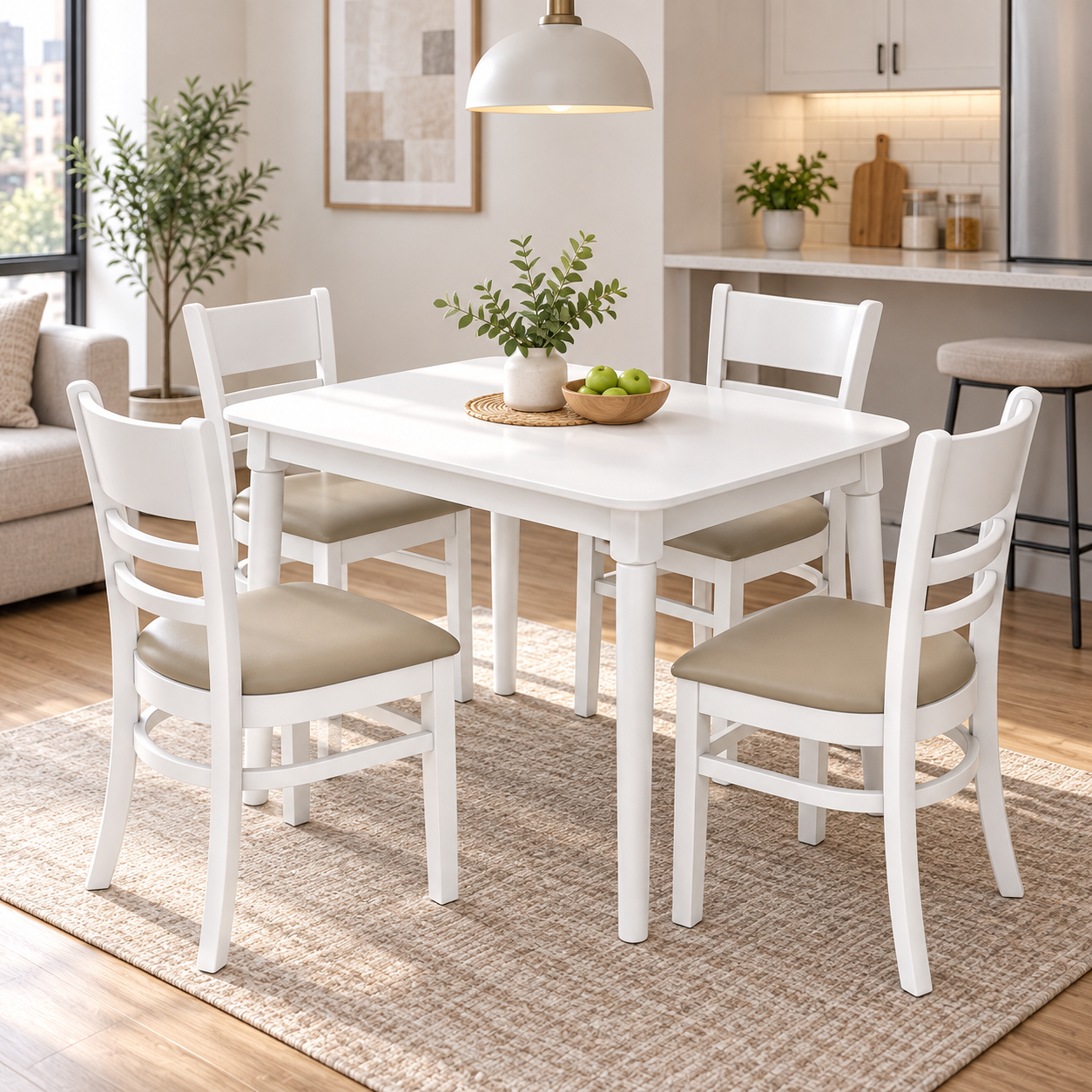 White 5-Piece Wood Dining Set – Mango Table with 4 Chairs for Small Space