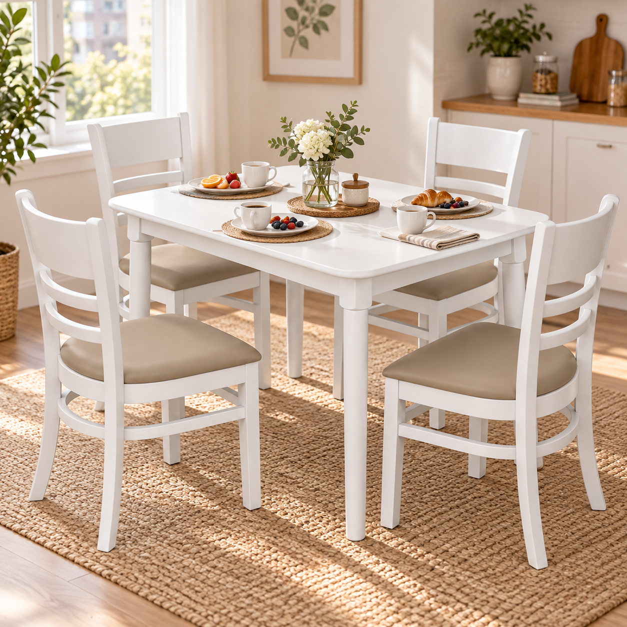 White 5-Piece Wood Dining Set – Mango Table with 4 Chairs for Small Space