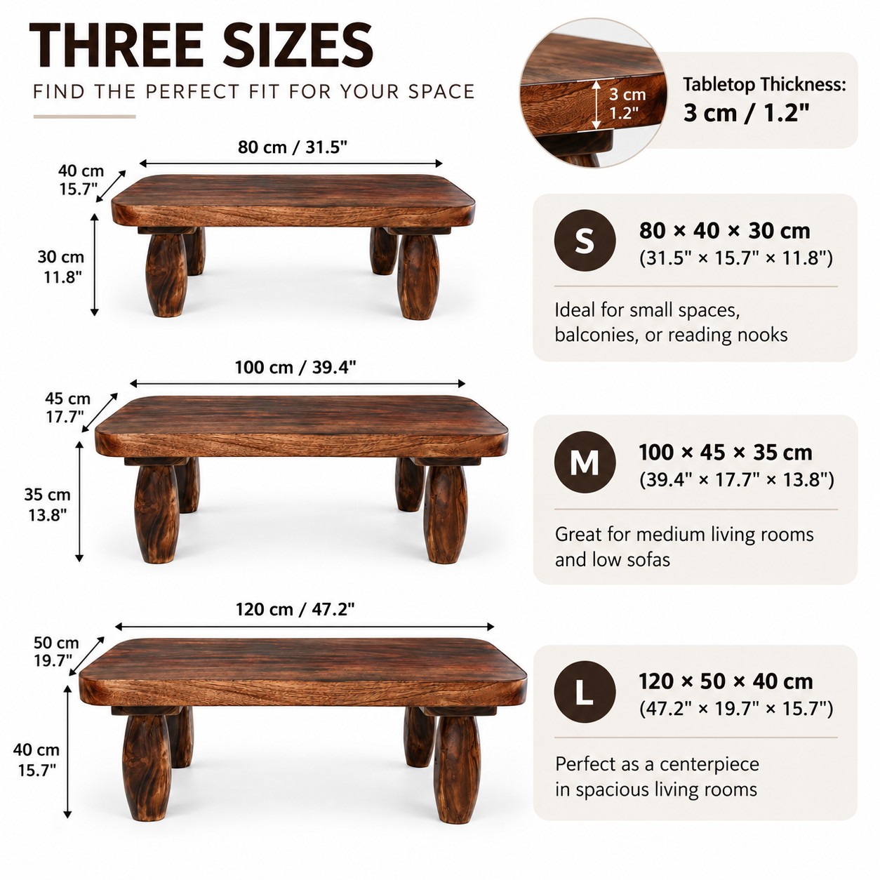 Japanese Low Oval Coffee Table – Solid Wood Minimalist Japandi Center Table