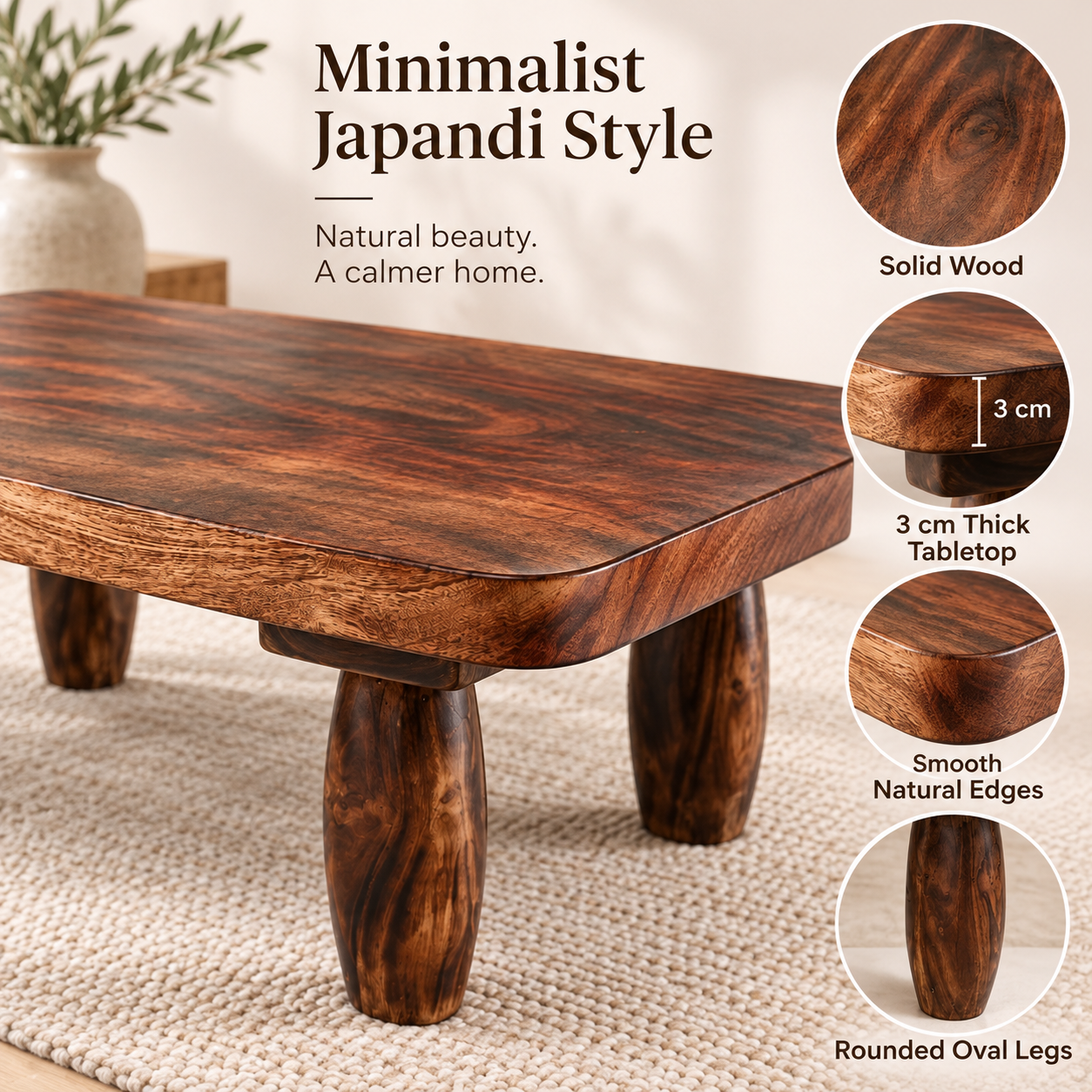 Japanese Low Oval Coffee Table – Solid Wood Minimalist Japandi Center Table