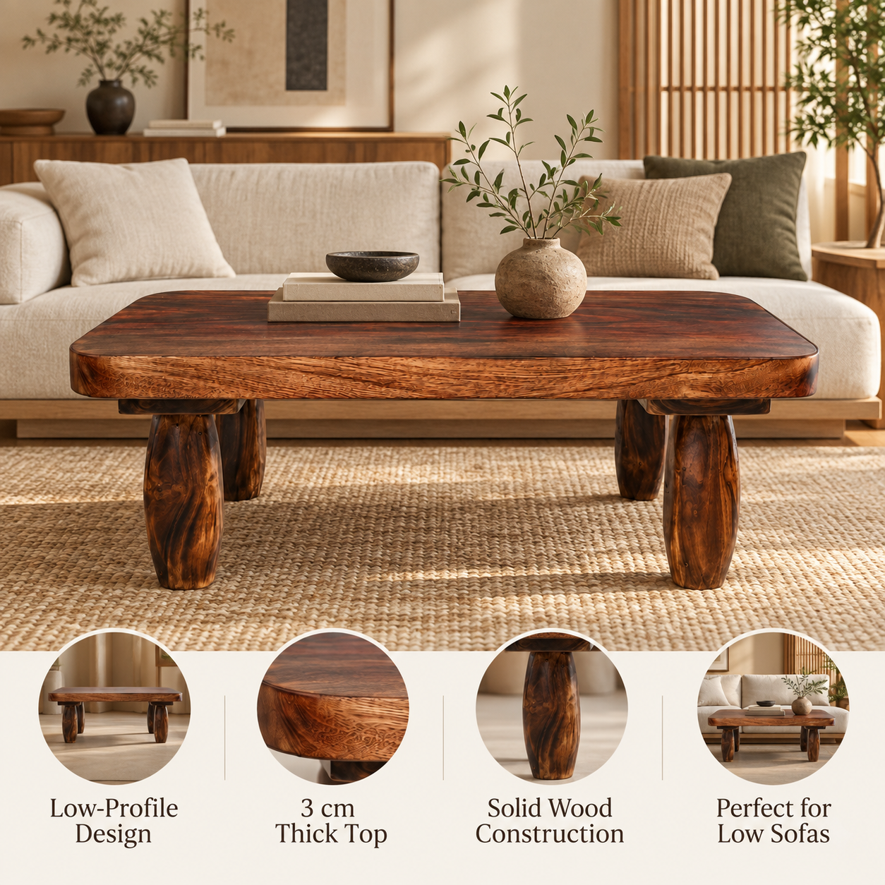 Japanese Low Oval Coffee Table – Solid Wood Minimalist Japandi Center Table