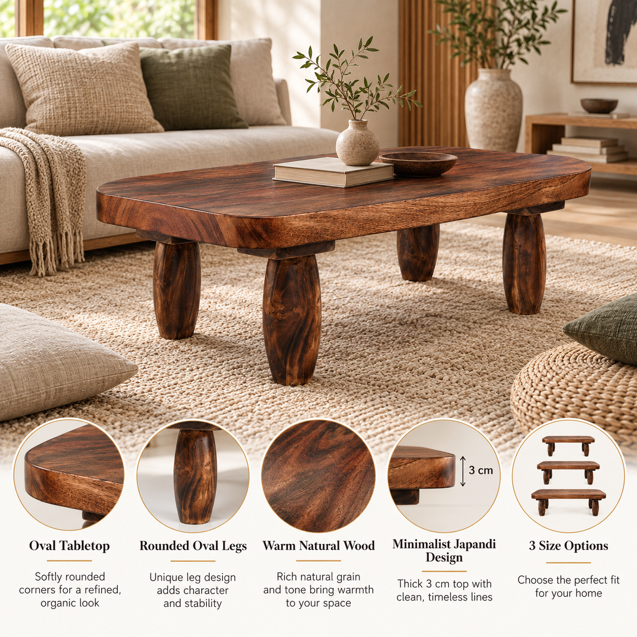 Japanese Low Oval Coffee Table – Solid Wood Minimalist Japandi Center Table