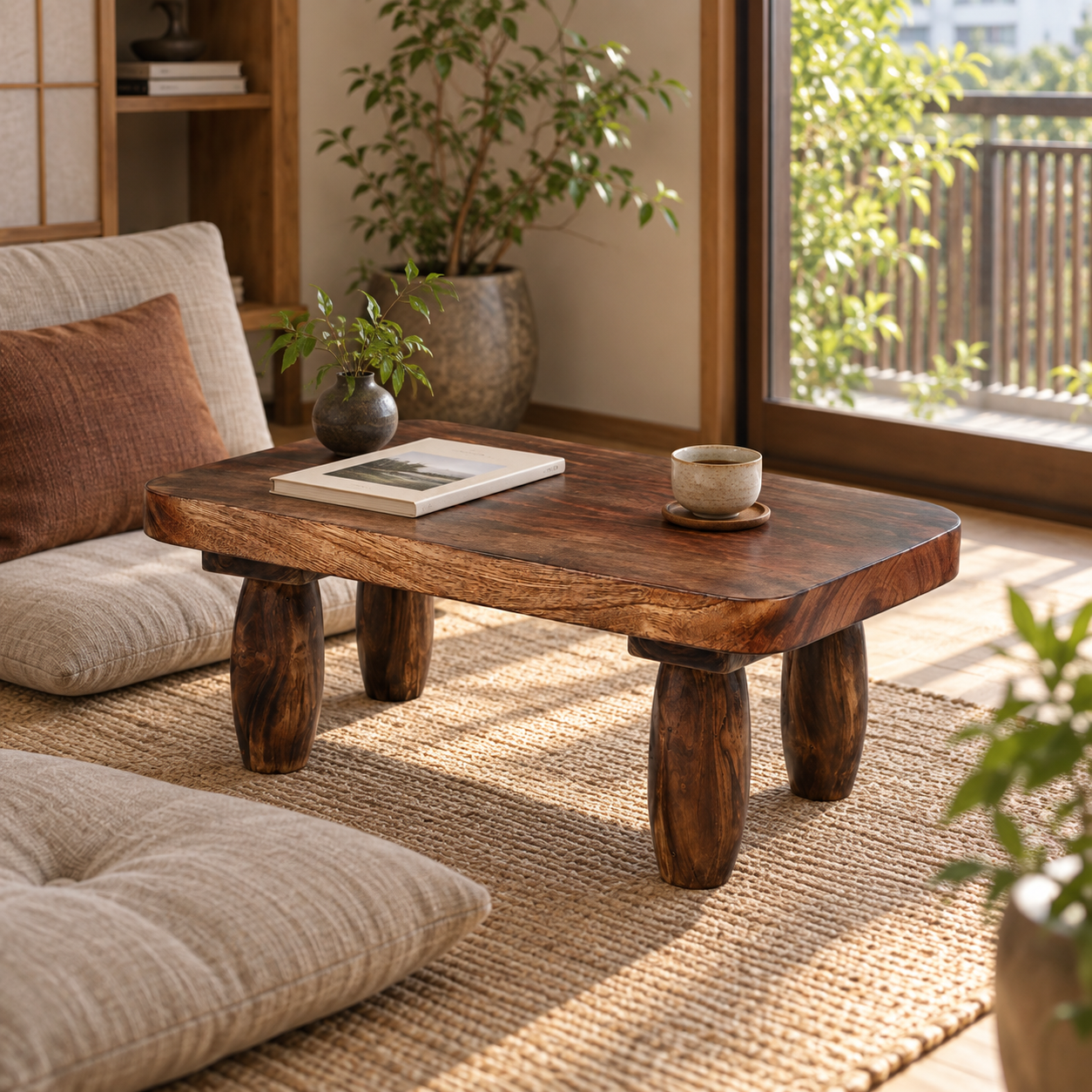 Japanese Low Oval Coffee Table – Solid Wood Minimalist Japandi Center Table