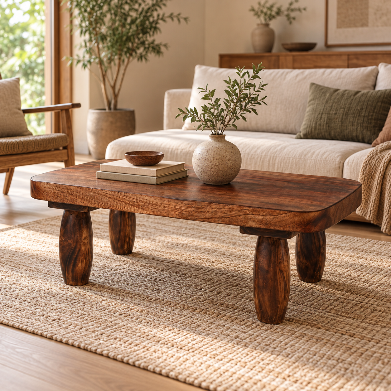 Japanese Low Oval Coffee Table – Solid Wood Minimalist Japandi Center Table
