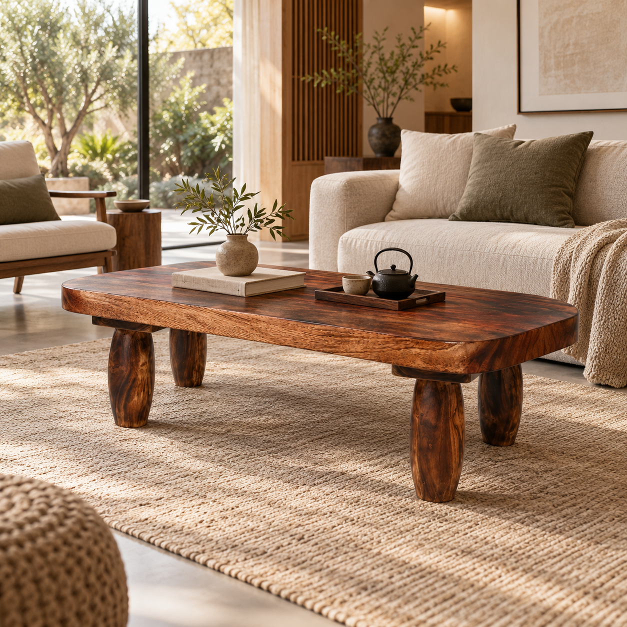 Japanese Low Oval Coffee Table – Solid Wood Minimalist Japandi Center Table