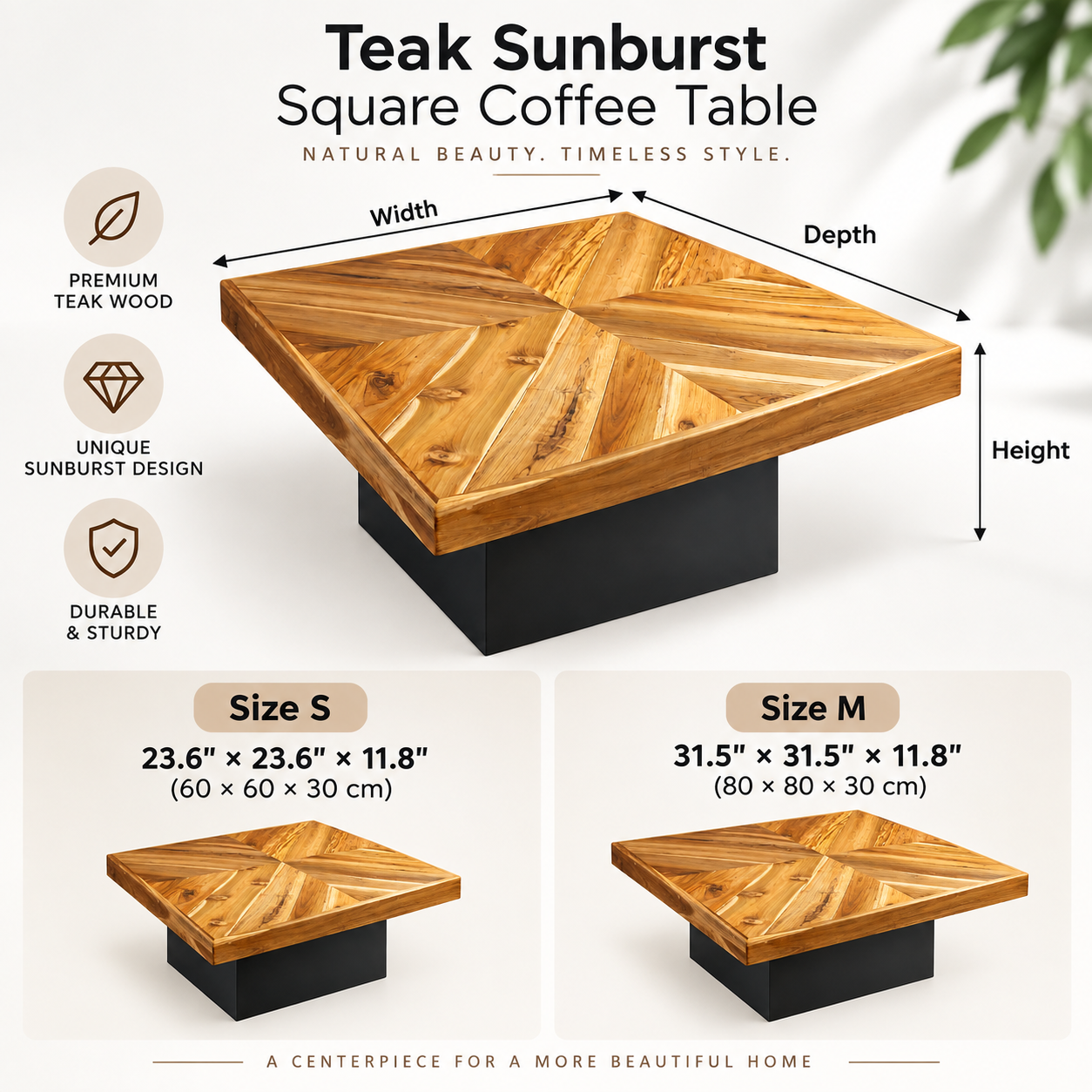 Teak Sunburst Square Coffee Table – Rustic Solid Wood Patio Center Table